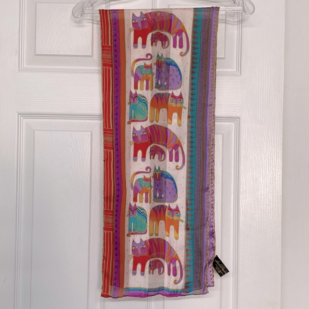 Laurel Burch Abstract Cat Art to Wear Silk Scarf Colorful Fun BoHo